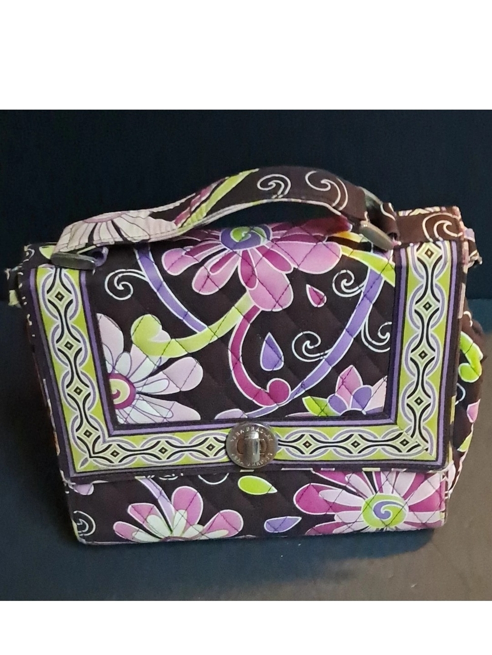 Vera Bradley Floral Brown Quilt Purple Green Shoulder Bag Turn Lock Zip, Pockets